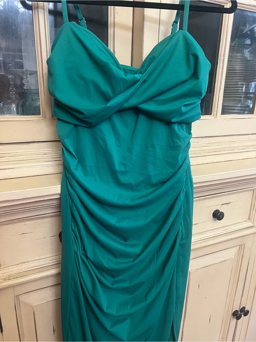 Teal Twist-Front Midi Dress with Spaghetti Straps - Picture 3 of 10